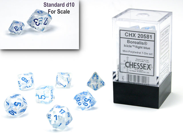 Chessex Mini Dice: Borealis Mini-hedral Icicle/light blue Luminary 7-Die