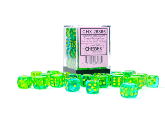 Chessex Luminary: 12MM D6 Translucent Green/Teal Yellow(36)