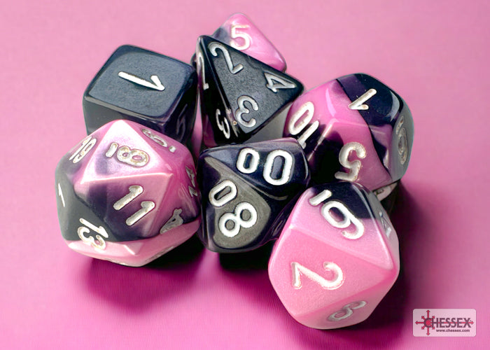 Chessex Mini Dice: Gemini - Black/Pink/white 7 Dice Set