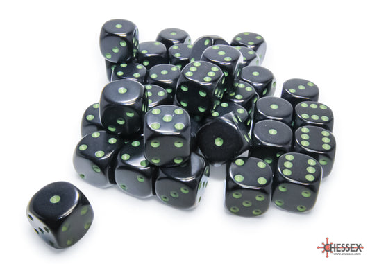 Chessex: 12MM D6 Opaque Black/Green (36)
