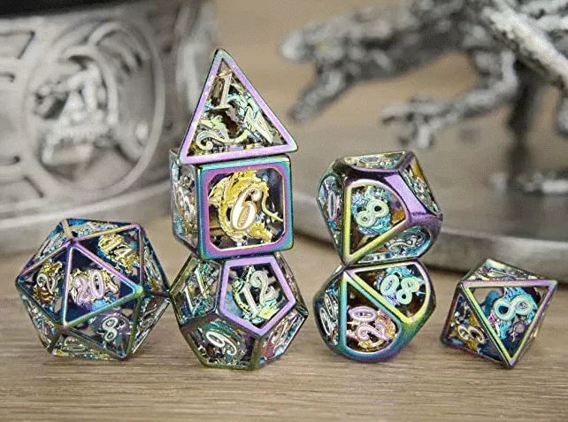 Hymgho Hollow Metal Dice - Rainbow with White Enamel Hollow Metal Dragon Polyhedral Dice Set