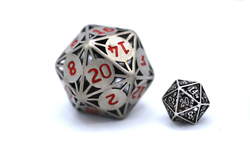 Hymgho 55MM - Giant Geometric Ancient Silver Hollow Metal D20 Dice 50mm