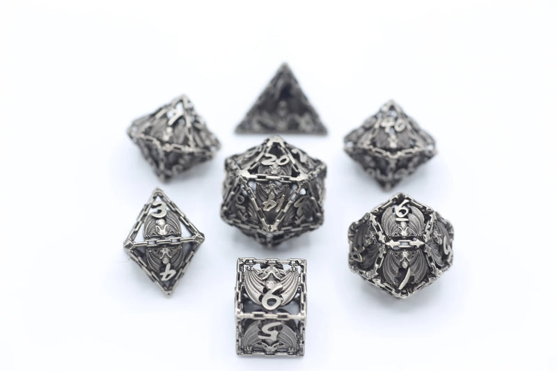 Hymgho Ancient Silver Hollow Metal Bat Polyhedral Dice Set