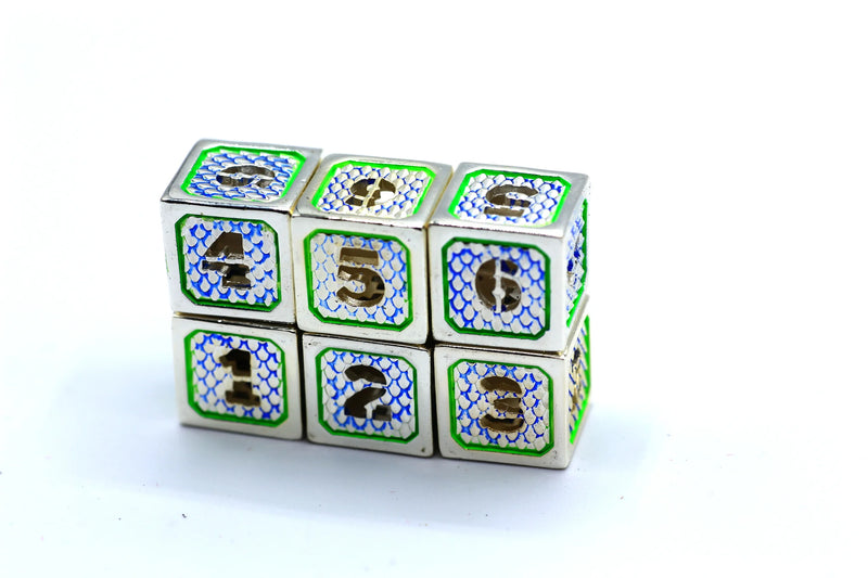 Hymgho Metal Hollow Wyvern Dice - Hollow Metal Wyvern Dice set of six D6s - Silver w/ Green
