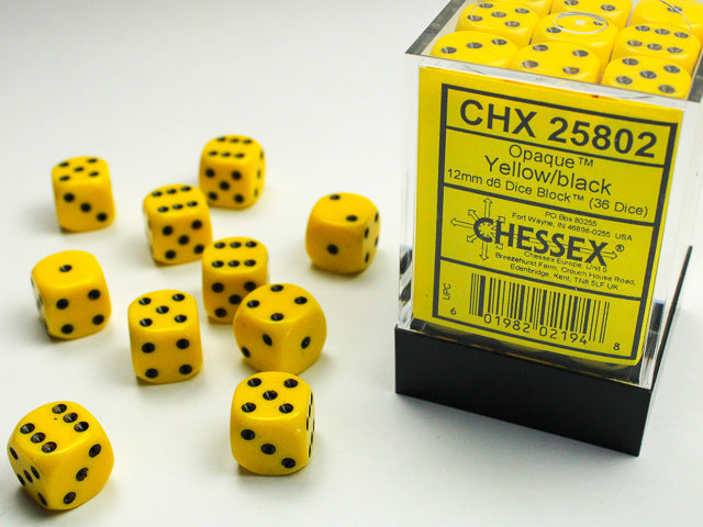 Chessex Opaque: 12MM D6 Opaque Yellow/Black (36)