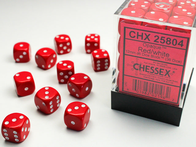 Chessex Opaque: 12MM D6 Opaque Red/White (36)