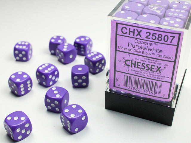 Chessex Opaque: 12MM D6 Opaque Purple/White (36)