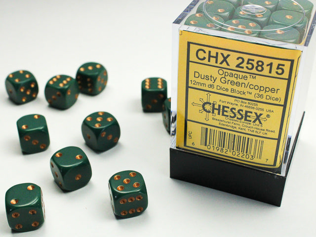 Chessex Opaque: 12MM D6 Opaque Dusty Green/Copper (36)