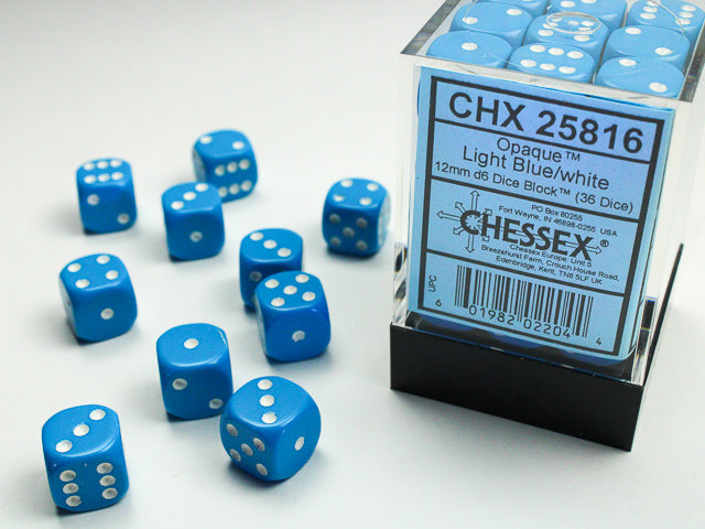Chessex Opaque: 12MM D6 Opaque Light Blue/White (36)