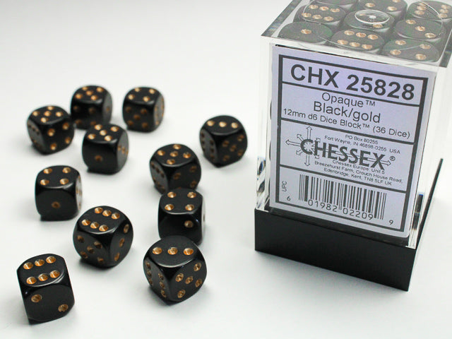 Chessex: 12MM D6 Opaque Black/Gold (36)