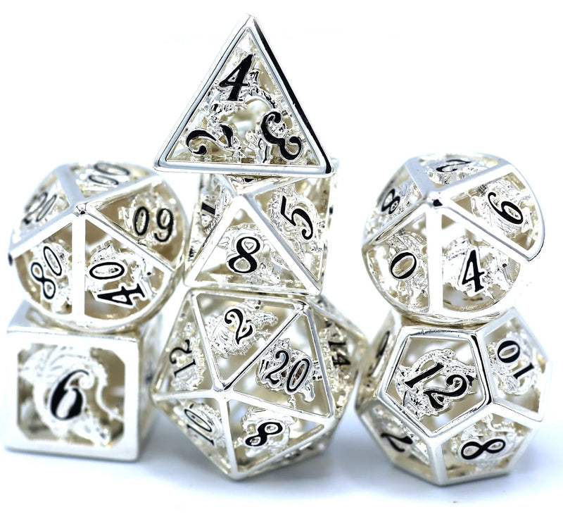 Hymgho Hollow Metal Dice - Shiny Silver With Black Enamel Hollow Metal Dragon Polyhedral Dice Set