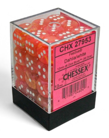 Chessex Festive: 12MM D6 Dahlia / White Dice Block (36)