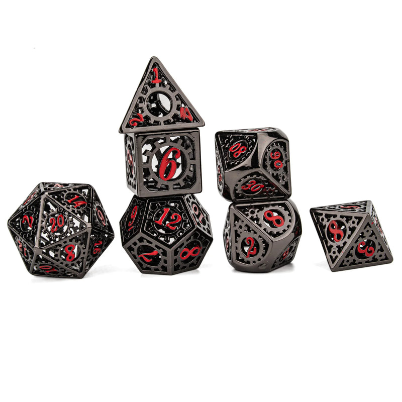 Hymgho Hollow Metal Dice - Black and Blood Hollow Metal Gears of Providence Polyhedral Dice Set