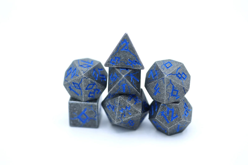 Hymgho Barbarian Solid Metal Polyhedral Dice Set - Ancient Silver with Blue