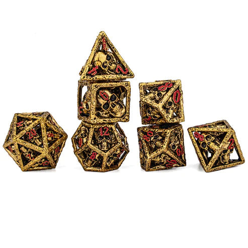Hymgho Skull's Grin Hollow Metal Dice Set - Gold with Red