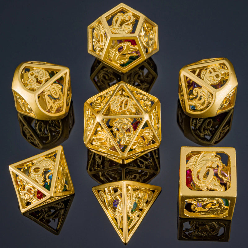 Hymgho Hollow Dragon Polyhedral Dice Set Filled With Gems - Gold