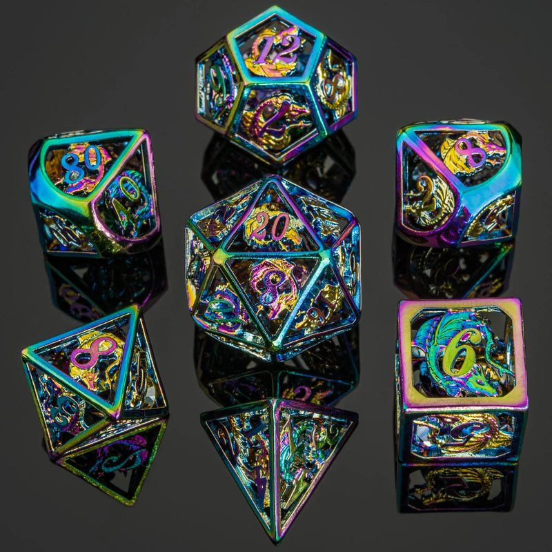 Hymgho Hollow Dragon Polyhedral Dice Set Filled With Gems - Rainbow
