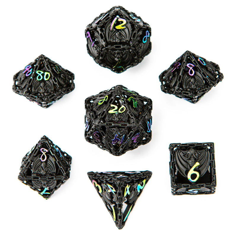 Hymgho Hollow Metal Bat Polyhedral Dice Set - Black with Chromatic Rainbow
