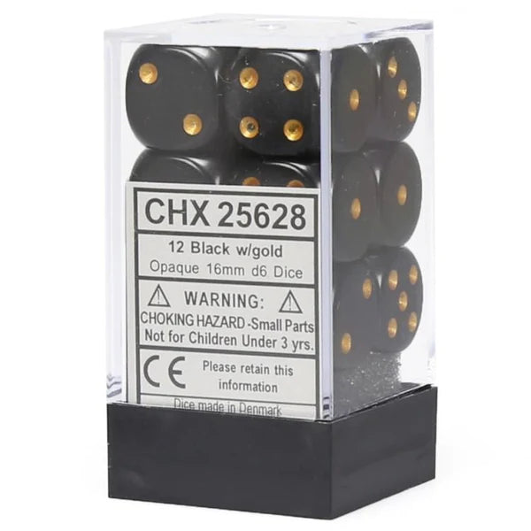 Chessex Opaque: 16MM D6 Black/Gold (12)