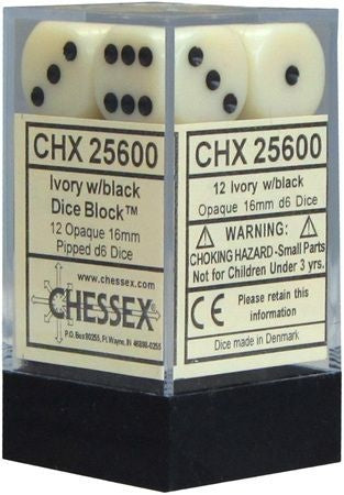 Chessex Opaque: 16MM D6 Ivory/Black   (12)