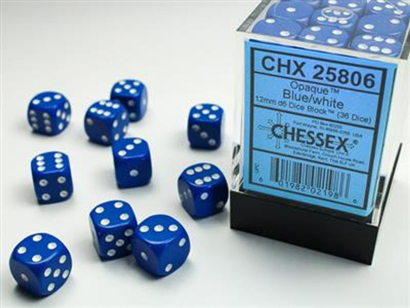 Chessex Opaque: 12MM D6 Opaque Blue/White (36)