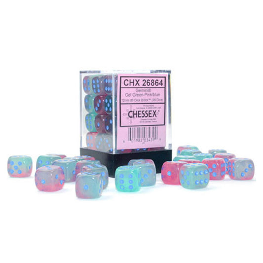 Chessex Luminary: 12MM D6 Gel Green-Pink/Blue (36)