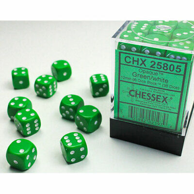 Chessex Opaque: 12MM D6 Opaque Green/White (36)
