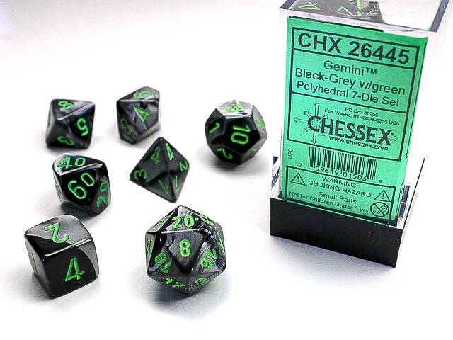 Chessex Mini Dice: Gemini - Black-Grey/green 7 Dice Set