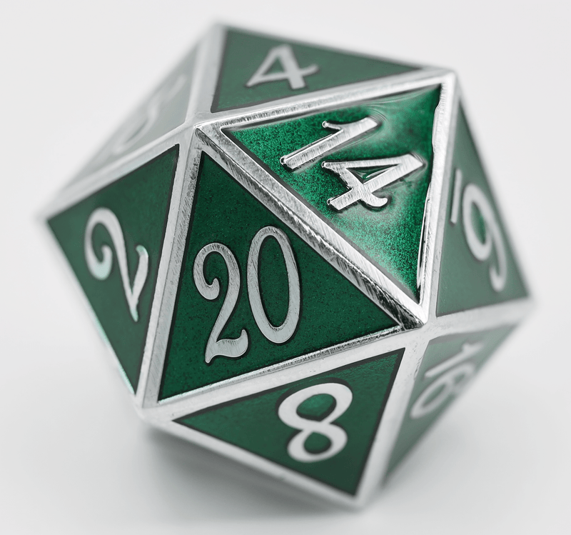 35mm Metal D20 - Silver with Emerald