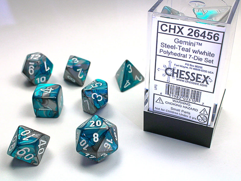 Chessex Mini Dice: Gemini - Steel-Teal/white 7 Dice Set