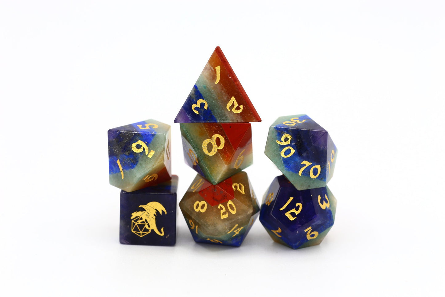 Hymgho Gemstone Dice - Natural Rainbow Layered Polyhedral Set (7)