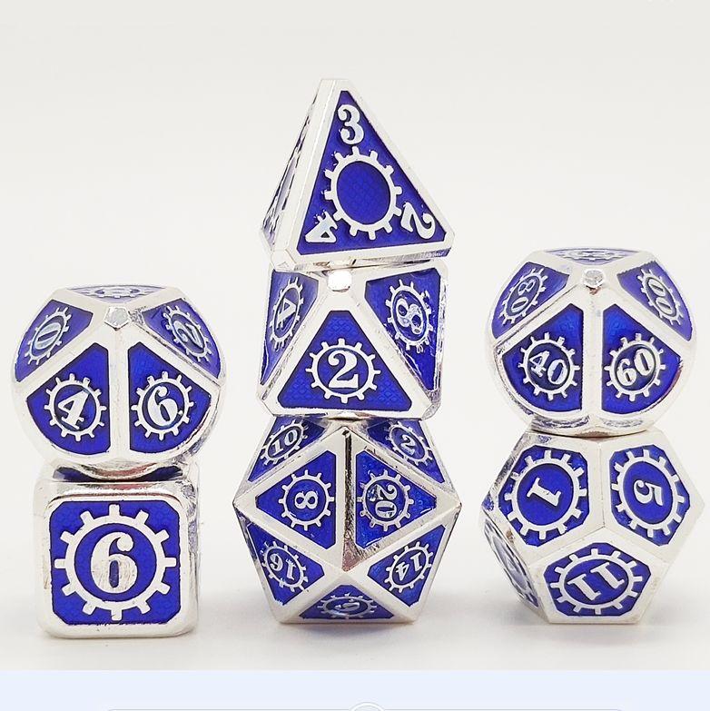 Hymgho Solid Metal Gear Dice - Silver with Royal Blue Polyhedral Set (7)