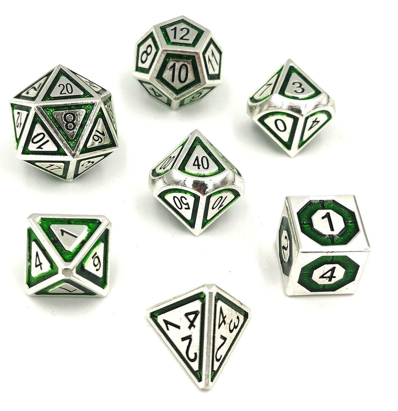 Hymgho Solid Metal Leyline Dice - Silver with Green Chrome Polyhedral Set (7)