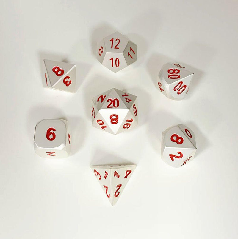 Hymgho Solid Metal Dice - Matte Silver/Red Polyhedral Set (7)