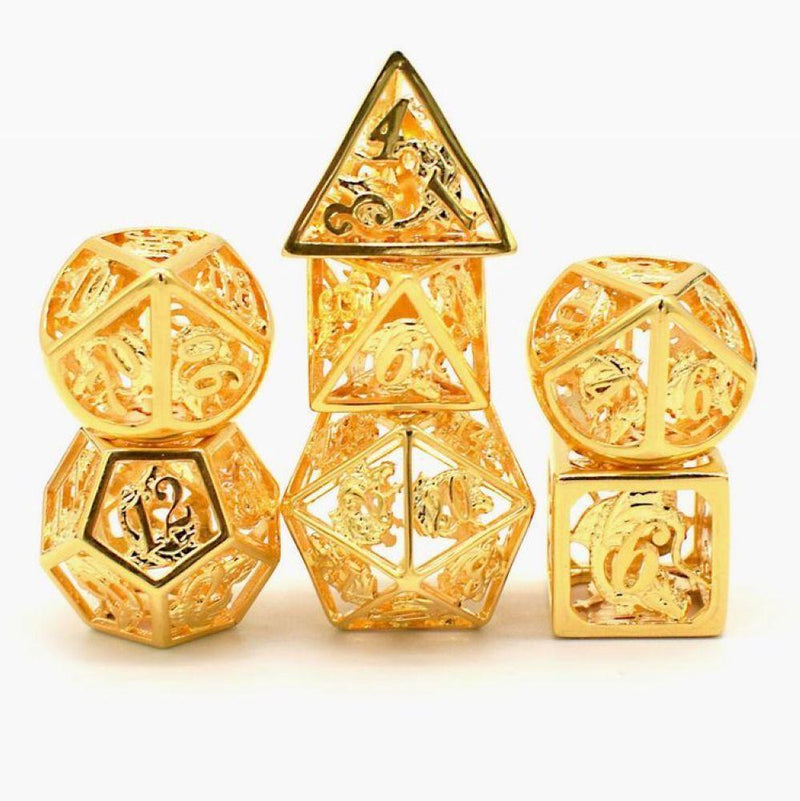 Hymgho Hollow Metal Dice - Handcrafted 24K Gold Coated Polyhedral Set (7)