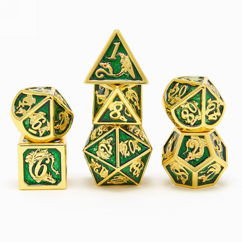 Hymgho Solid Metal Dragon Dice - Gold Emerald Polyhedral Set (7)