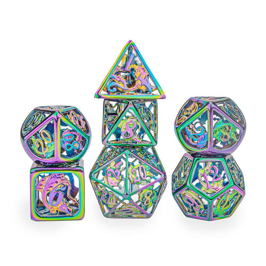 Hymgho Hollow Metal Dragon Dice - Rainbow Polyhedral Dice (7)