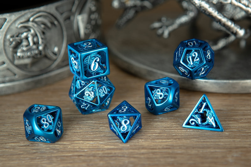 Hymgho Hollow Metal Dragon Dice - Blue & White Polyhedral Dice (7)