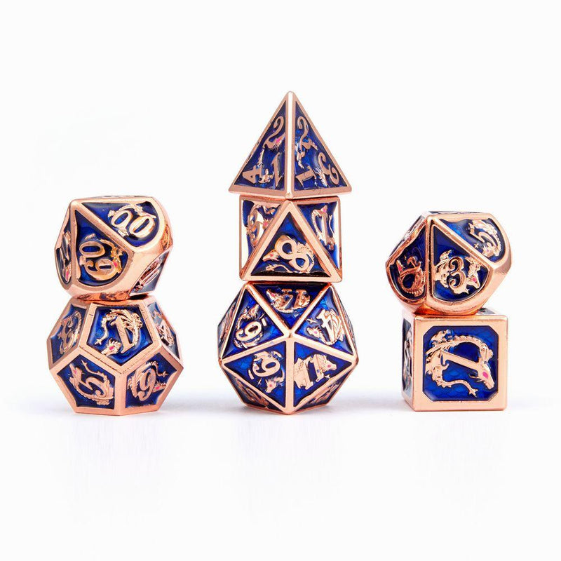 Hymgho Solid Metal Dragon Dice - Copper with Navy Blue Polyhedral Set (7)