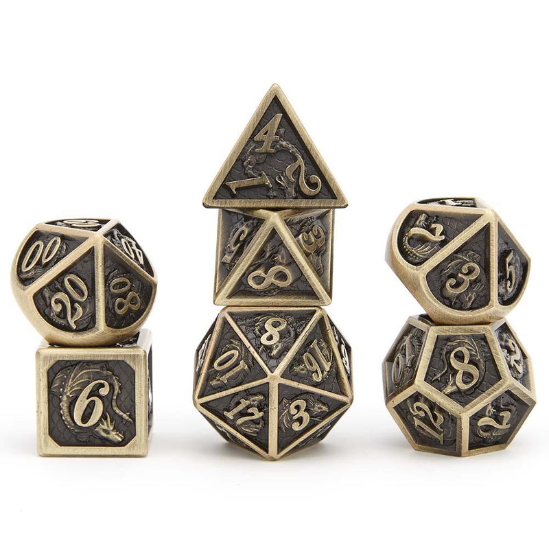 Hymgho Solid Metal Dragon Dice - Ancient Bronze Polyhedral Set (7)