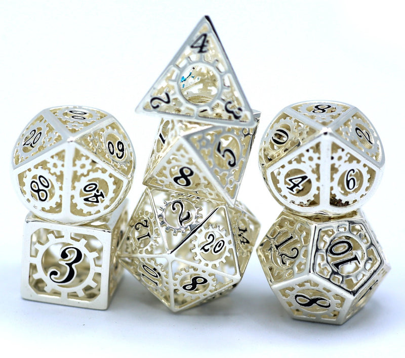 Hymgho Hollow Metal Gear Dice - Shiny Silver and Black Polyhedral Dice (7)