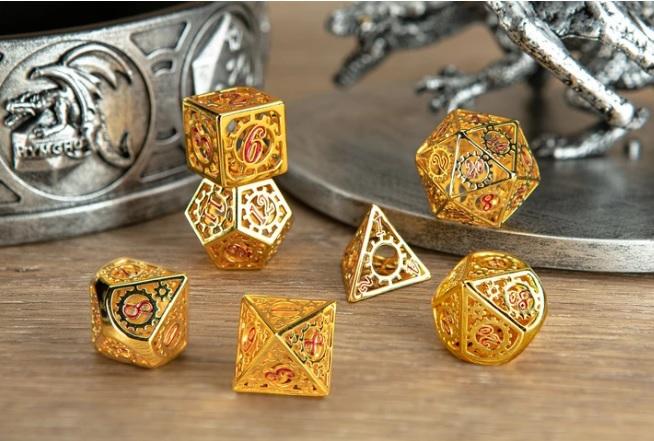 Hymgho Hollow Metal Dice - Gold with Red Enamel Gears of Providence Polyhedral Set (7)