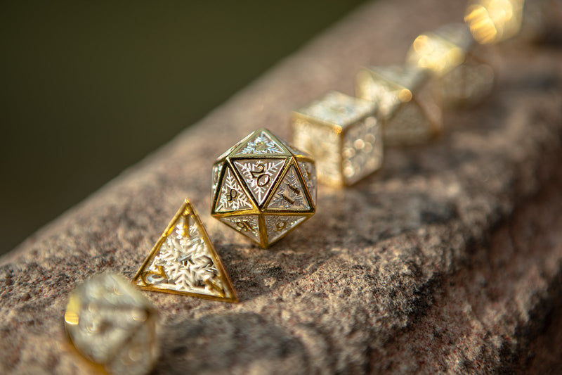 Hymgho Hollow Metal Dice - Gold Snowflake Polyhedral Set (7)
