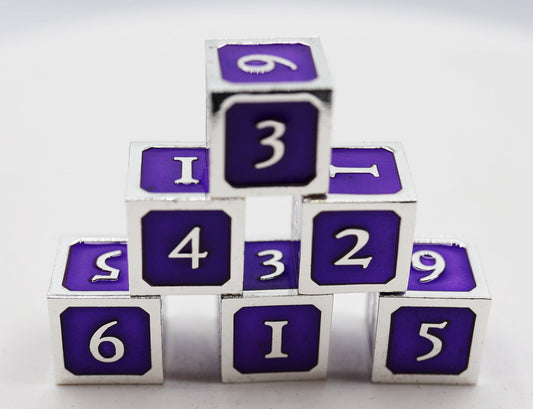 6 piece Metal D6's - Purple and Silver