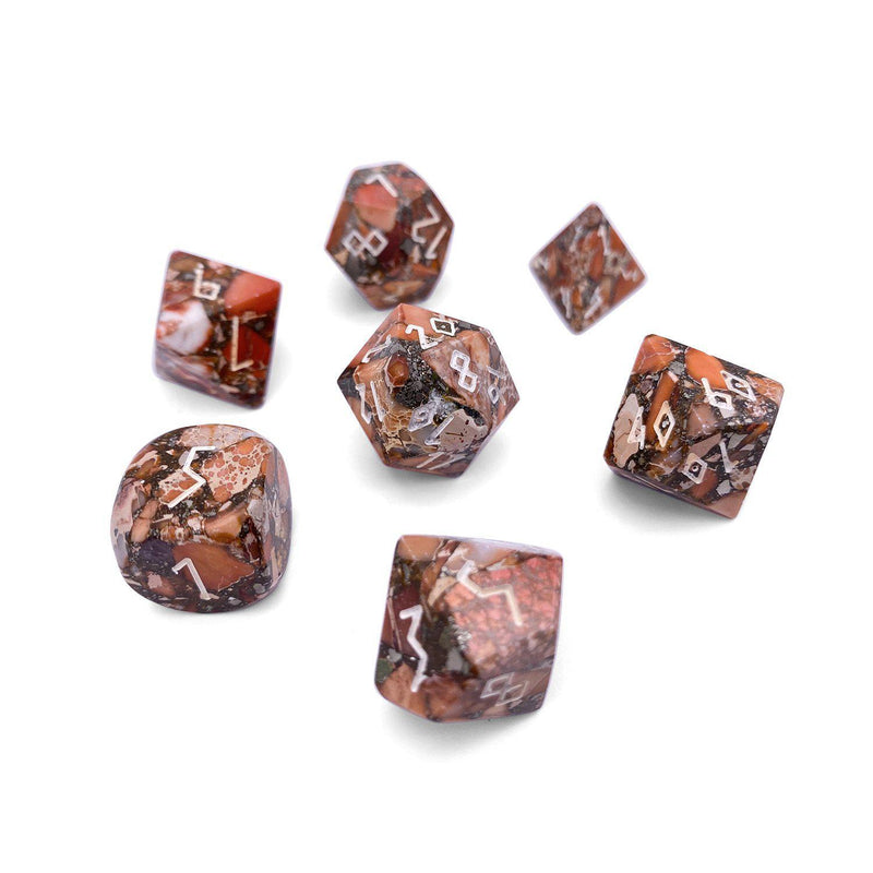 Norse Foundry 7 Die Gemstone RPG Dice Set: Bronzite Orange Imperial Jasper Trustone