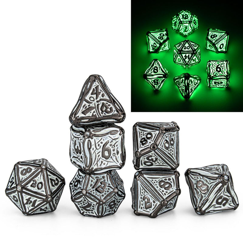 Hymgho Solid Metal Druid Dice - Glow in the Dark Polyhedral Set (7)