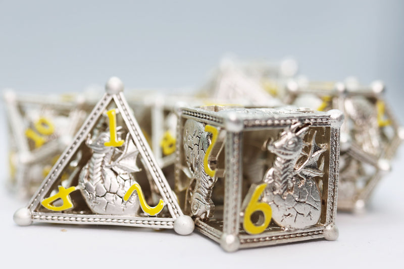 Silver Hatching Dragon - Hollow Metal RPG Dice Set