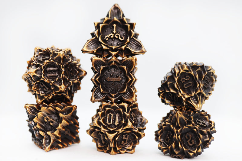 Floral Starburst: Gilded Goldenrod - Metal RPG Dice Set