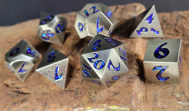 Forged Gaming Forged Lore Antique Silver with Blue Mica  7 Piece Metal Dice Set