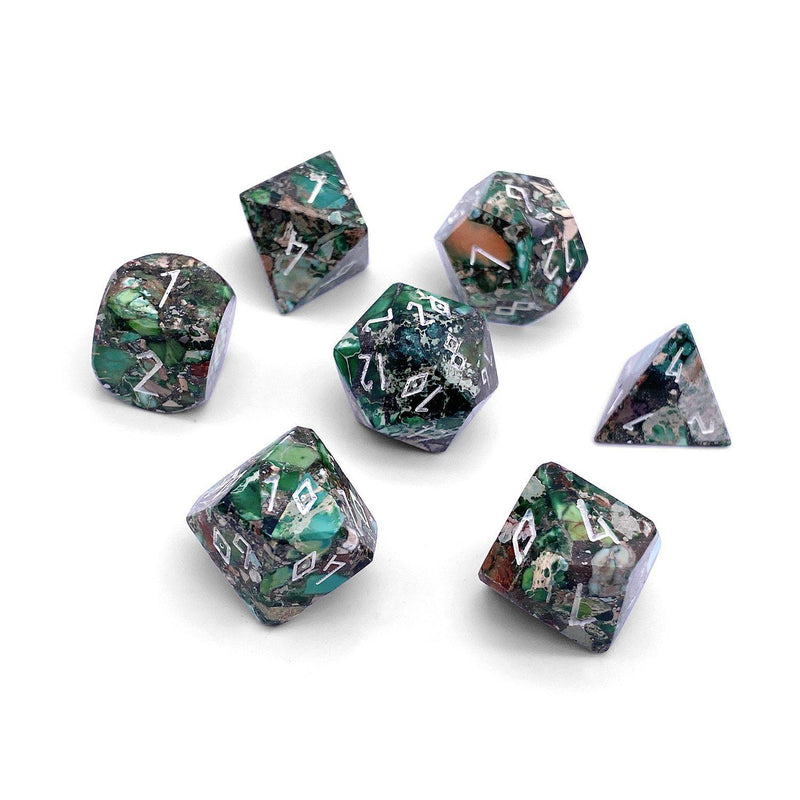 Norse Foundry 7 Die Gemstone RPG Dice Set: Pyrite Green Imperial Jasper